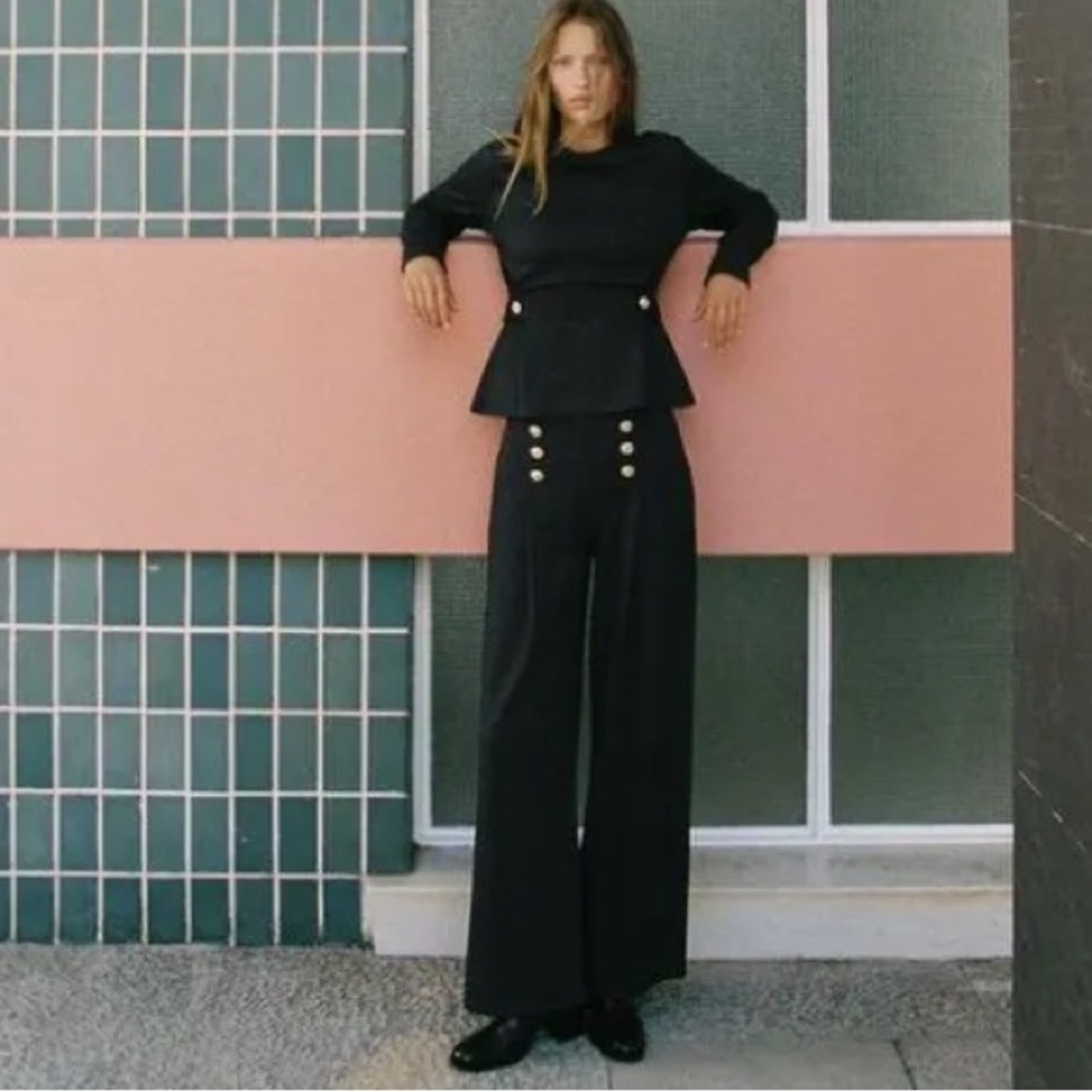 ZARA Pull-on Gabardine Wide Leg Trousers w Gold Sailor Buttons. Dark Grey, M NWT